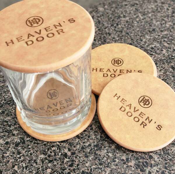 Heaven's Door branded leather coasters and engraved rocks glass