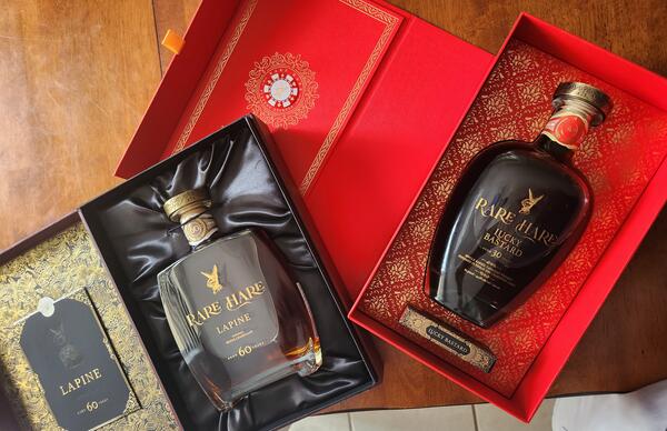 Rare Hare Lapine 60-year cognac and Lucky Bastard 30-year whiskey gift boxes