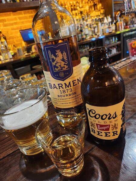 Barmen 1873 bourbon boilermaker at Copper Shaker, Ybor City