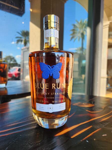 Blue Run Chosen bourbon in the window at The Whiskey
